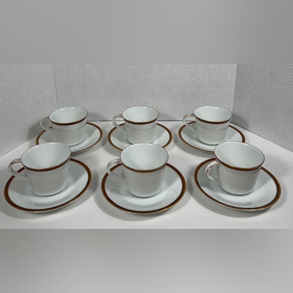 Vtg Noritake Royale Café Japan Tea Cup & Saucer Set of 6 White Gold Copper Trim